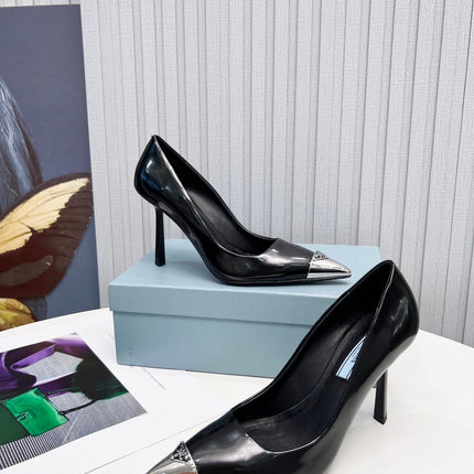 PRADA 26S PUMPS STILETTO HEEL 95MM IN BLACK METAL TIP CALFSKIN