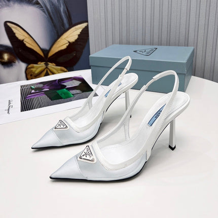 PRADA 26S SLINGBACK PUMPS STILETTO HEEL 95MM IN WHITE MESH WITH LOGO