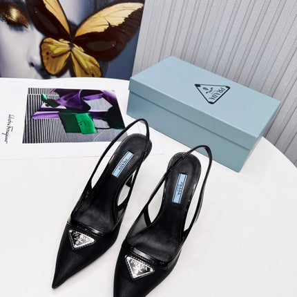 PRADA 26S SLINGBACK PUMPS STILETTO HEEL 95MM IN BLACK MESH WITH LOGO