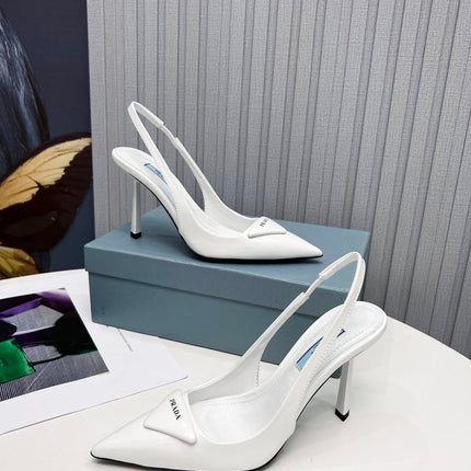 PRADA 26S SLINGBACK PUMPS STILETTO HEEL 95MM IN WHITE PATENT CALFSKIN LOGO