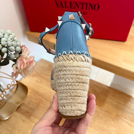 VALENTINO 26S WEDGE SANDALS IN BLUE CALFSKIN