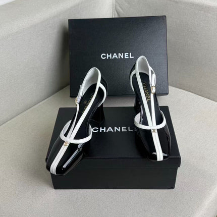 CHANEL 26S MARY JANES 85MM IN BLACK AND WHITE PATENT CAFLSKIN