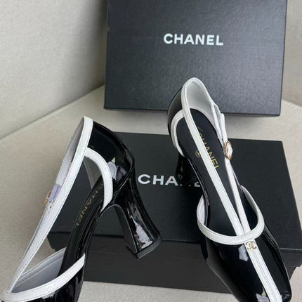 CHANEL 26S MARY JANES 85MM IN BLACK AND WHITE PATENT CAFLSKIN