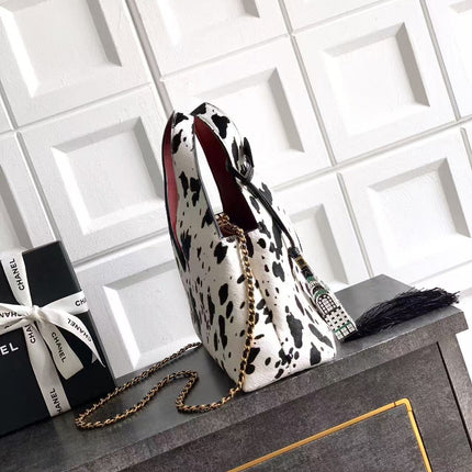 CHANEL 26S TRIANGLE HOBO BAG IN BLACK WHITE CALFSKIN  LEATHER