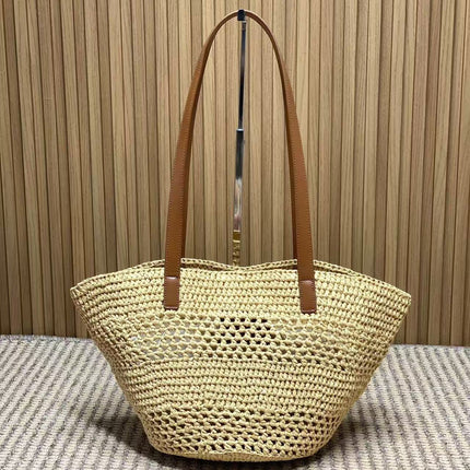 YSL 25S TOTE BAG IN BEIGE RAFFIA STRAW WITH BROWN LEATHER HANDLES