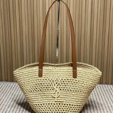 YSL 25S TOTE BAG IN BEIGE RAFFIA STRAW WITH BROWN LEATHER HANDLES