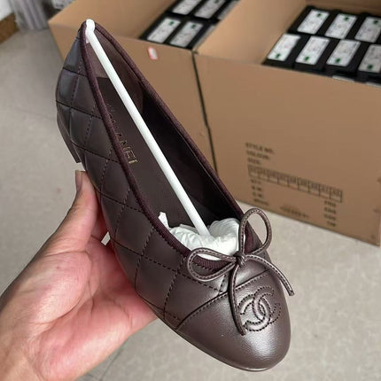 CHANEL 26S CC BOW BALLET FLATS IN DARK BROWN LAMBSKIN