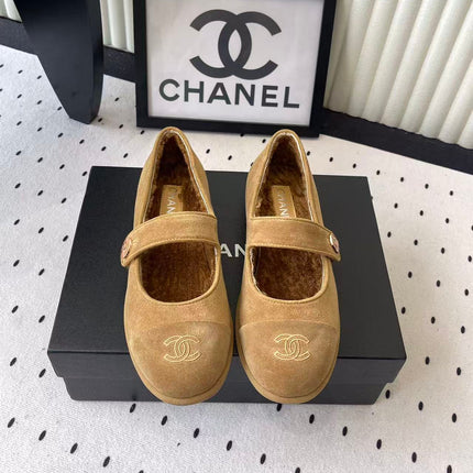 CHANEL 26S MARY JANE FLATS IN CAMEL SUEDE WITH CC LOGO