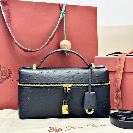 LORO PIANA 26S TOP HANDLE BAG IN BLACK OSTRICH LEATHER