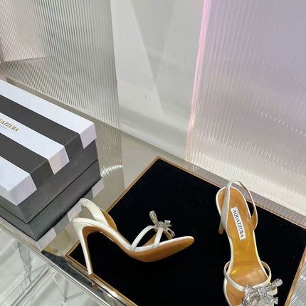 AQUAZZURA 26S CRYSTAL BOW SLINGBACK HIGH HEELS IN WHITE SATIN