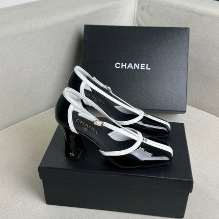 CHANEL 26S MARY JANES 85MM IN BLACK AND WHITE PATENT CAFLSKIN