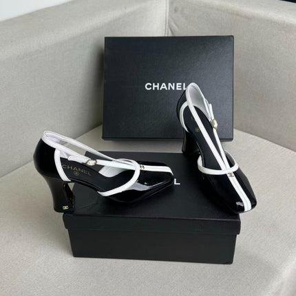CHANEL 26S MARY JANES 85MM IN BLACK AND WHITE PATENT CAFLSKIN