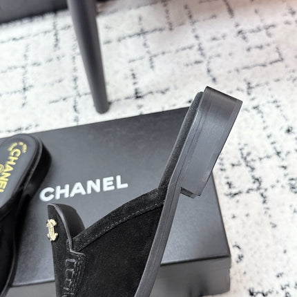 CHANEL 26S MULE LOAFERS IN BLACK SUEDE WITH CC LOGO