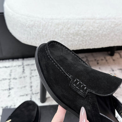 CHANEL 26S SLINGBACK LOAFERS IN BLACK SUEDE WITH CC LOGO