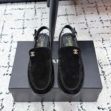 CHANEL 26S SLINGBACK LOAFERS IN BLACK SUEDE WITH CC LOGO