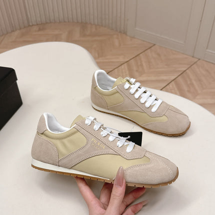 PRADA 26S LOW TOP SNEAKERS IN BEIGE NYLON AND SUEDE