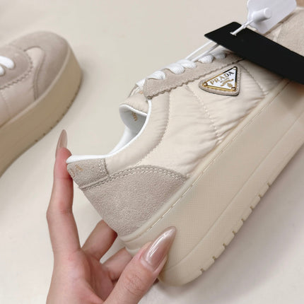PRADA 26S PLATFORM SNEAKERS 50MM IN CREAM WHITE NYLON AND SUEDE