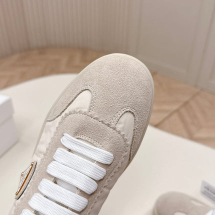 PRADA 26S PLATFORM SNEAKERS 50MM IN CREAM WHITE NYLON AND SUEDE