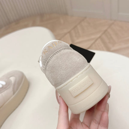 PRADA 26S PLATFORM SNEAKERS 50MM IN CREAM WHITE NYLON AND SUEDE