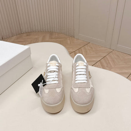 PRADA 26S PLATFORM SNEAKERS 50MM IN CREAM WHITE NYLON AND SUEDE