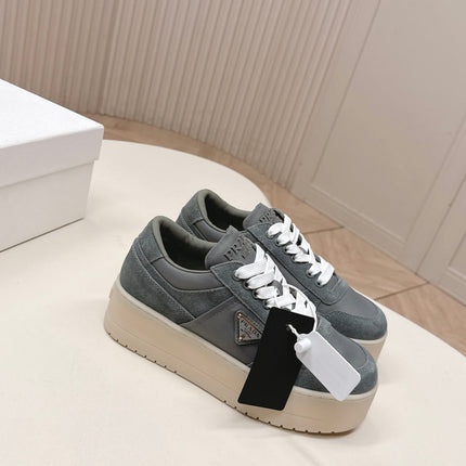 PRADA 26S PLATFORM SNEAKERS 50MM IN DARK GREY SUEDE