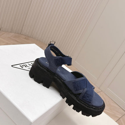 PRADA 26S CROSS STRAP CHUNKY SOLE SANDALS IN NAVY BLUE CANVAS