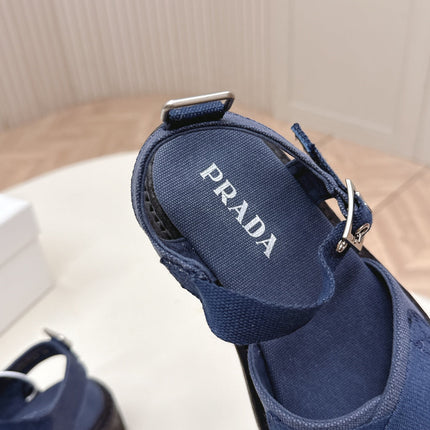 PRADA 26S CROSS STRAP CHUNKY SOLE SANDALS IN NAVY BLUE CANVAS