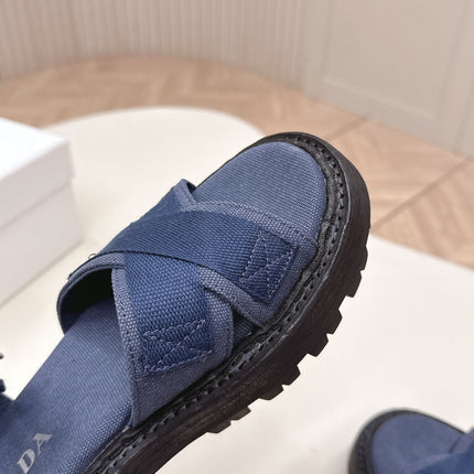 PRADA 26S CROSS STRAP CHUNKY SOLE SANDALS IN NAVY BLUE CANVAS