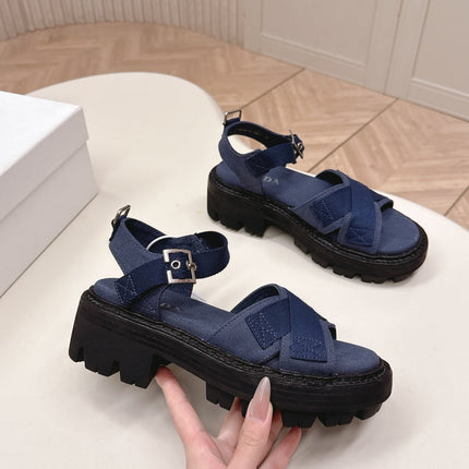PRADA 26S CROSS STRAP CHUNKY SOLE SANDALS IN NAVY BLUE CANVAS