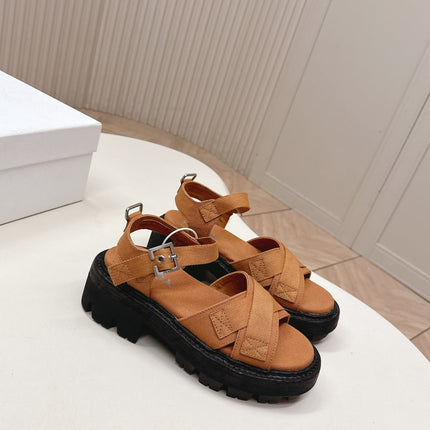 PRADA 26S CROSS STRAP CHUNKY SOLE SANDALS IN CARAMEL BROWN CANVAS