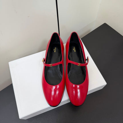 CELINE 26S MARY JANE FLATS IN DARK RED GLOSSY CALFSKIN GOLD HARDWARE