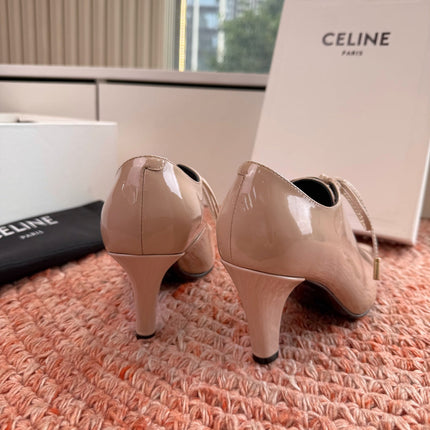 CELINE 26S LACE UP POINTED TOE PUMPS IN BLUSH NUDE PATENT CALFSKIN