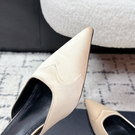 ALAIA 26S HEELED MULES 65 MM IN IVORY BEIGE SATIN