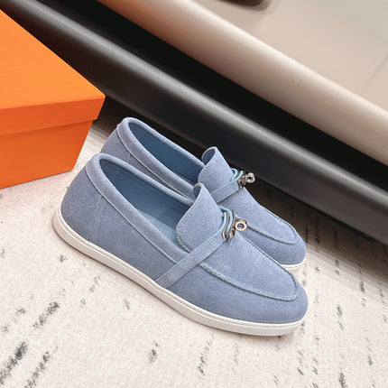 HM 26S KELLY PARIS LOAFERS IN LIGHT BLUE SUEDE SILVER HARDWARE