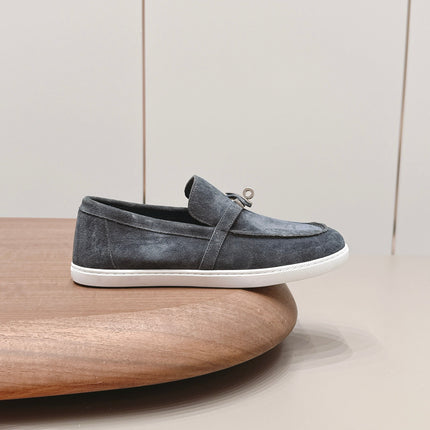 HM 26S KELLY PARIS LOAFERS IN BLUE GREY SUEDE SILVER HARDWARE