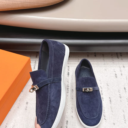HM 26S KELLY PARIS LOAFERS IN NAVY BLUE SUEDE SILVER HARDWARE