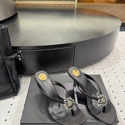 YSL 26S TOE-POST HIGH HEEL SANDALS 75 MM IN BLACK FABRIC