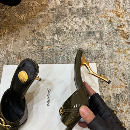 YSL 26S POINTED TOE HIGH HEEL SANDALS 100 MM IN DARK OLIVE GREEN GLOSSY CALFSKIN