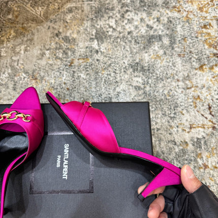 YSL 26S POINTED TOE HIGH HEEL SANDALS 65 MM IN DARK PINK FABRIC
