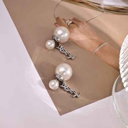YSL 26S PEARL DOUBLE BALL DROP MONOGRAM EARRINGS IN SILVER TONE METAL 615838