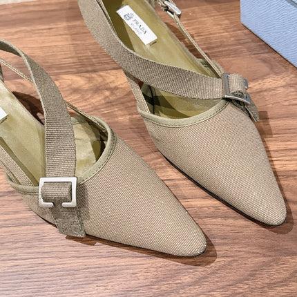 PRADA 26S SLINGBACK KITTEN HEELS 45MM IN LIGHT BROWN FABRIC STRAP BUCKLE