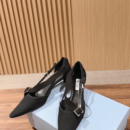 PRADA 26S SLINGBACK KITTEN HEELS 45MM IN BLACK FABRIC STRAP BUCKLE
