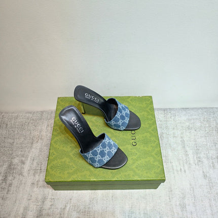 GUCCI 26S MULE SANDALS 110MM IN BLUE GG DENIM