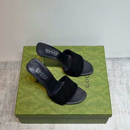 GUCCI 26S MULE SANDALS 110MM IN BLACK VELVET GG EMBOSSED