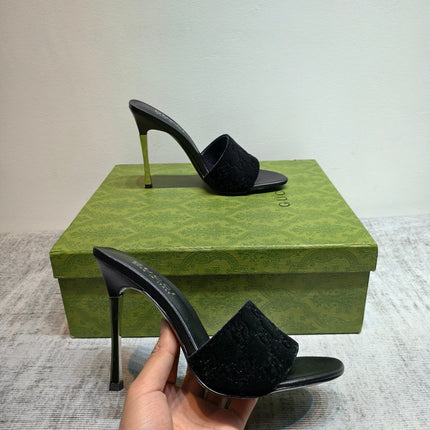 GUCCI 26S MULE SANDALS 110MM IN BLACK VELVET GG EMBOSSED