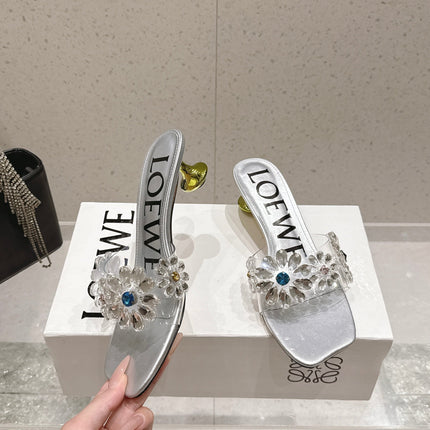 LOEWE 26S MULE HEELS 45MM IN SILVER PVC WITH CRYSTAL FLORAL