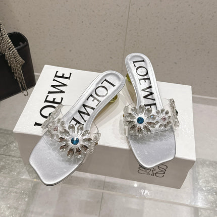 LOEWE 26S MULE HEELS 45MM IN SILVER PVC WITH CRYSTAL FLORAL
