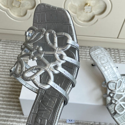 LOEWE 26S HIGH HEEL SANDALS 45MM IN SILVER CROC-EMBOSSED CALFSKIN