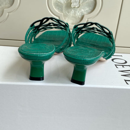 LOEWE 26S HIGH HEEL SANDALS 45MM IN GREEN CROC-EMBOSSED CALFSKIN