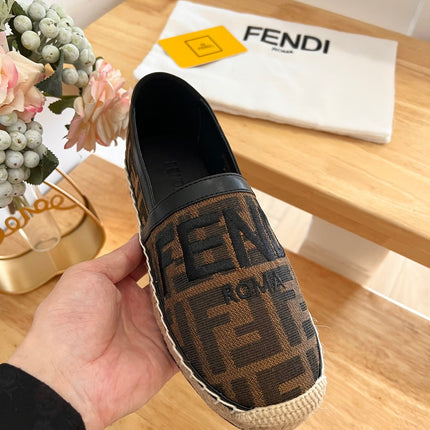 FENDI 26S ESPADRILLE LOAFERS IN DARK BROWN AND BLACK CANVAS STYLE 1